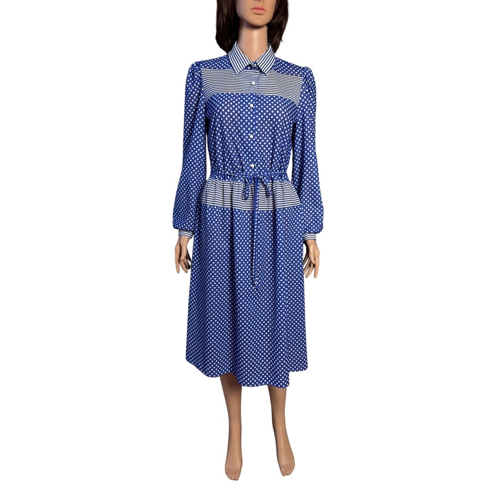 Vintage 70s Toni Todd Blue Polka Dot Secretary Shirt Midi Dress Estimated: S